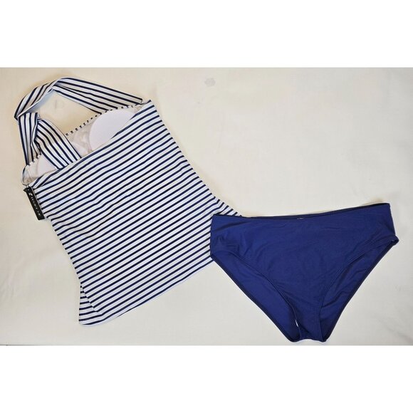 Womens Striped One-Shoulder Swimsuit With Bikini Bottoms 18W Navy/White Tempt Me - Picture 7 of 9